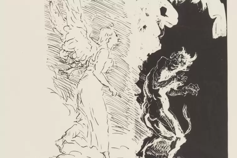 Max Slevogt: Engel und Teufel, ein Glasklischeedruck von 1927.