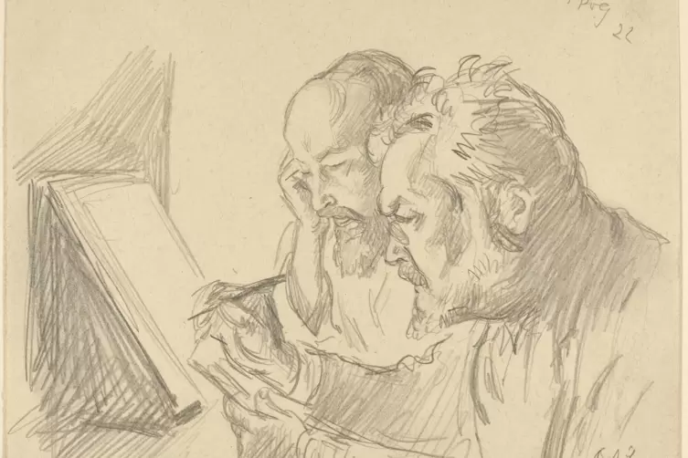 Von Emil Orlik gezeichnet: Josef Gr&uuml;nberg und Max Slevogt beim Arbeiten.