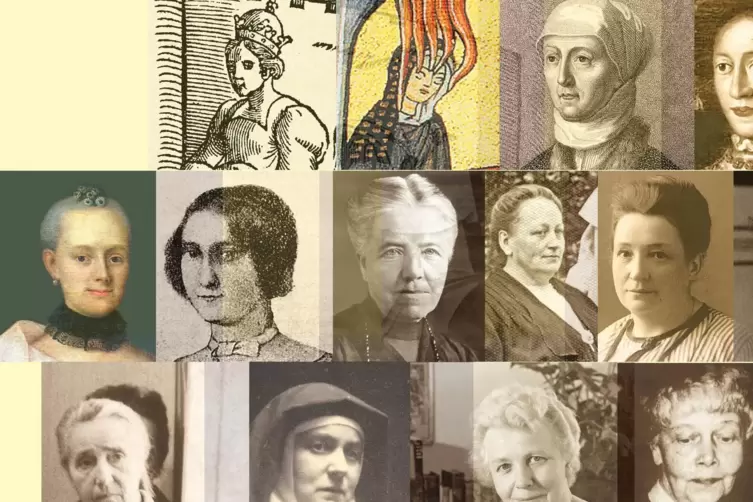 Auf dieser Collage sind viel e starke Frauen aus der Pfalz zu sehen: die erste oben links ist Bertha von Savoyen (1051-1087) .