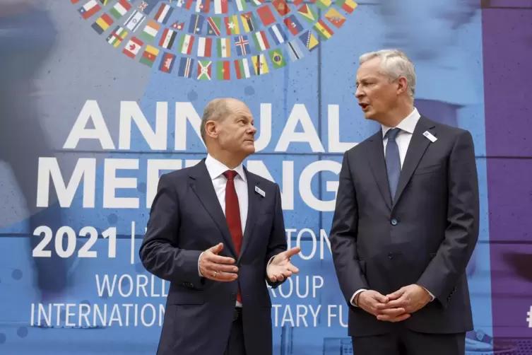 Es geht um viel Geld: Bundesfinanzminister Olaf Scholz (links) bei der Jahrestagung der Weltbank und des IWF in Washington mit B