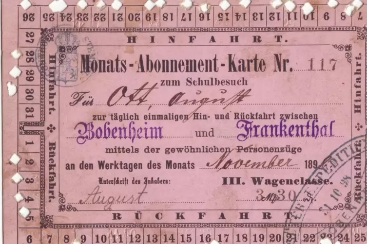 Monatskarte eines Sch&uuml;lers aus Bobenheim wecken, der 1898 in Frankenthal die Schule besuchte.