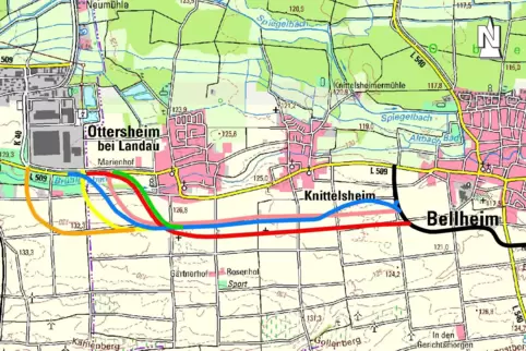Die Südumgehung von Bellheim soll entlang Knittelsheim nach Ottersheim verlängert werden. Der Plan stammt von 2020. 