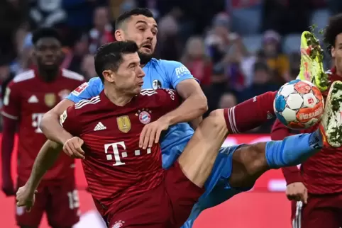 Harter Kampf: Der FC Bayern München (hier Robert Lewandowski) hatte reichlich zu tun, um den Widerstand des SC Freiburg (Manuel 