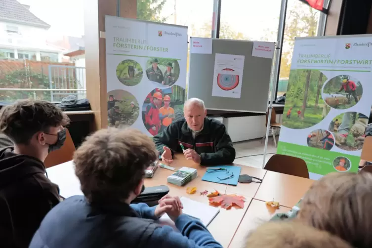 Händeringend Nachwuchs gesucht: Joachim Weirich, Produktleiter Umweltbildung beim Forstamt Bad Dürkheim, informiert Schüler über