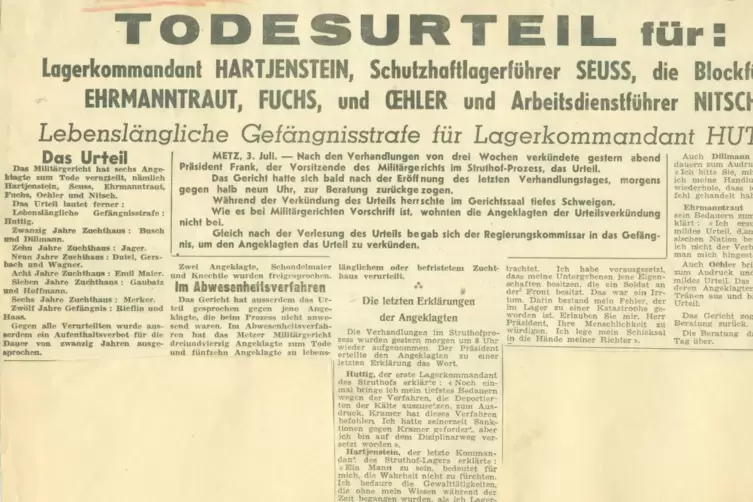 Diese Abbildung aus dem Saarpfalz-Jahrbuch 2022 zeigt einen Ausschnitt aus der &bdquo;S&uuml;ddeutschen Zeitung&ldquo; vom 3. Juli 1954. Im Metze