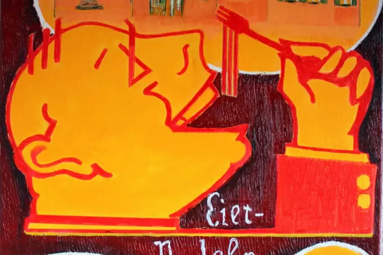 Dieses propere, schmausende M&auml;nnchen war bis 1984 das Markenzeichen von &bdquo;Paul&rsquo;s Eiernudeln&ldquo; aus Rohrbach. 