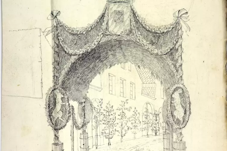 Triumphbogen Haardt: entstanden zur Reise K&ouml;nig Ludwigs I. von Bayern 1829 in die Pfalz (Quelle Landesarchiv Speyer) .