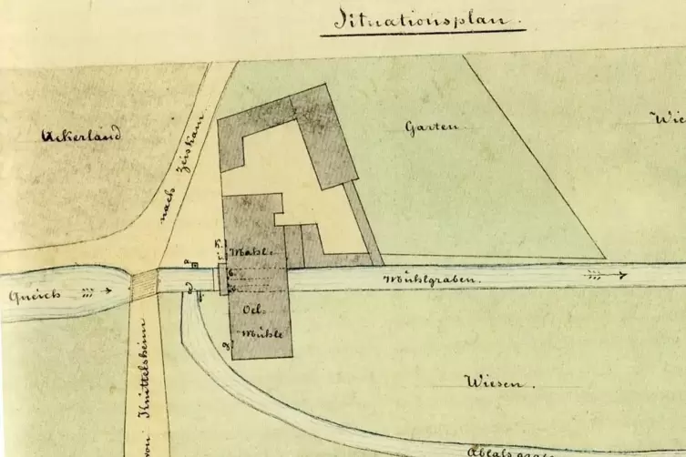 DIe Knittelbacher M&uuml;hle vor einigen Jahrhunderten. Erkennbar der Bachlauf und die L&auml;ndereien. 