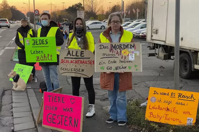 Tierrechtler protestieren gegen Tierquälereien, wie sie bei der Pferdemetzgerei Härting in Kaiserslautern vorgekommen sein solle