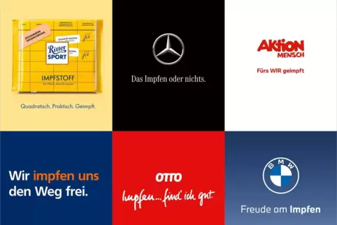 Das Handout zeigt sechs Motive aus einer Werbekampagne von deutschen Unternehmen und Organisationen, die Menschen dazu bewegen w