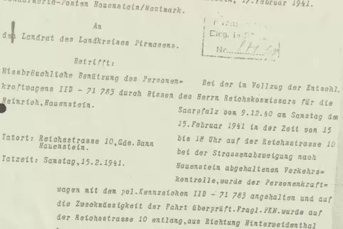 Vor 80 Jahren: Ermittlungsakte wegen einer unerlaubten Fahrt von Hauenstein nach Hinterweidenthal. 