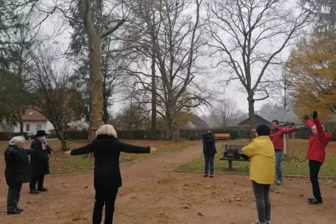 Die Heigl-Gruppe im Blieskasteler Klostergarten. Ganz rechts im Bild Maria Horch, die ihre Mitturnerinnen anleitet. 