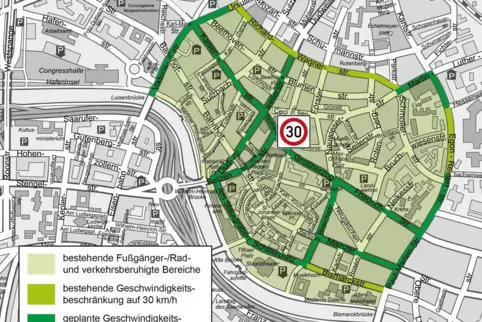 Diese Karte zeigt den geplanten Tempo-30-Bereich in der Saarbrücker Innenstadt. 