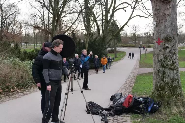 Hoch konzentriert: Der Ludwigshafener Andreas Hilgert und sein Assistent Peter Skoda bei den Dreharbeiten im Schatten des Doms.