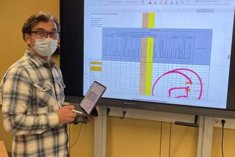 Sinan Demirci demonstriert an der IGS die Möglichkeiten der neuen digitalen Wandtafeln. 
