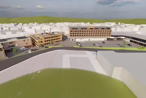 So soll der Komplex einmal aussehen: ganz links ist das MVZ zu finden, gleich daneben das Parkhaus mit der Tedi-Filiale. Der Bau