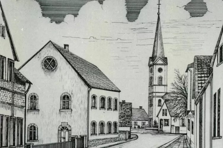 Auf dieser Federzeichnung von Raimund Graber ist die Synagoge in Roxheim zu sehen. Im Hintergrund die katholische Kirche.