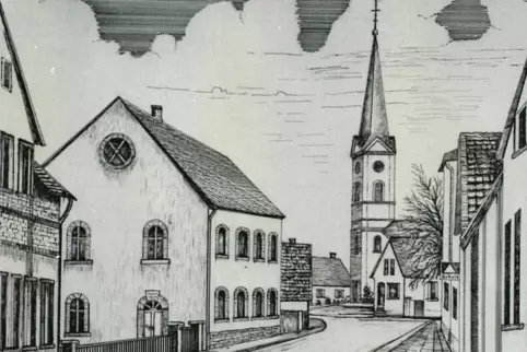 Auf dieser Federzeichnung von Raimund Graber ist die Synagoge in Roxheim zu sehen. Im Hintergrund die katholische Kirche.