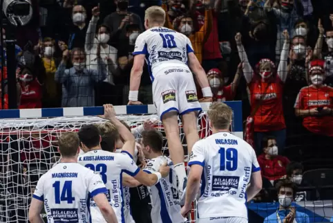 Die isländischen Spieler feiern den Sieg.