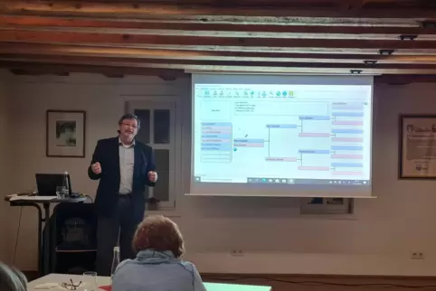 Viele Stammbäume hat Arthur Oberbeck schon erstellt, hier bei seinem Vortrag im Historischen Rathaus in Assenheim. 