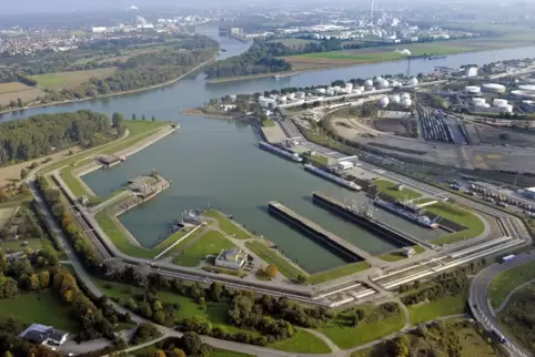Der Landeshafen Nord in Ludwigshafen, den die BASF betreibt. Auf der anderen Rheinseite: der Sandhofer Altrhein.