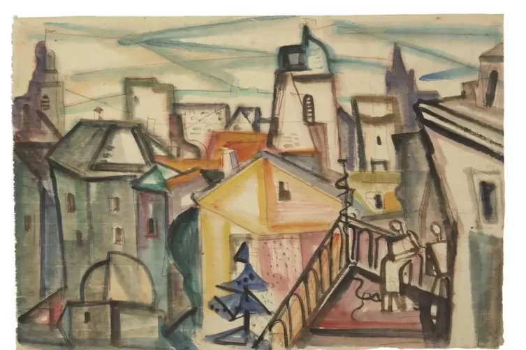 Rolf M&uuml;ller-Landau: &bdquo;Alte Lothringer Stra&szlig;e&ldquo;, um 1950 gefertigt aus Aquarellfarbe und brauner Kreide auf B&uuml;ttenpapier. Zu sehen 