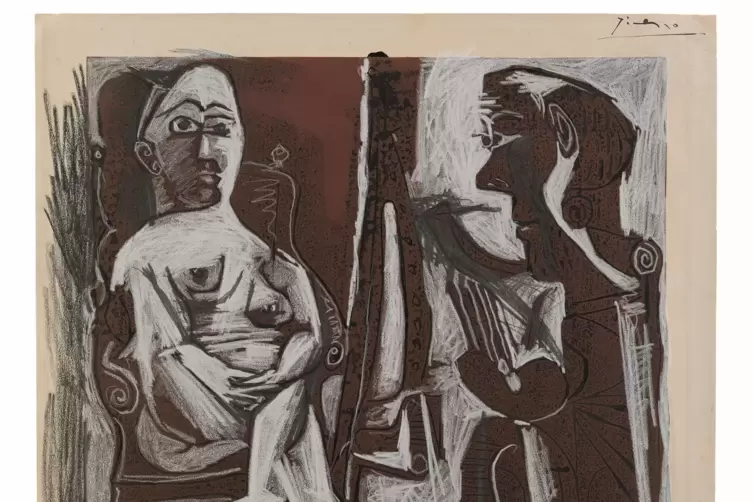 &bdquo;Le peintre et son mod&egrave;le&ldquo;: Pablo Picasso fertigte das Blatt 1963 mit &Ouml;lkreide und Tusche &uuml;ber einem Farblinolschnitt auf B&uuml;tten