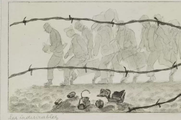 Diese Bleistiftzeichnung mit dem Titel „Les Indésirables, Camp de Gurs 1940“ ist ein Gemeinschaftswerk von Kurt Löw und Karl Bod