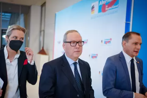  Max Otte (Mitte) mit den AfD-Spitzenpolitikern Alice Weidel und Tino Chrupalla. 