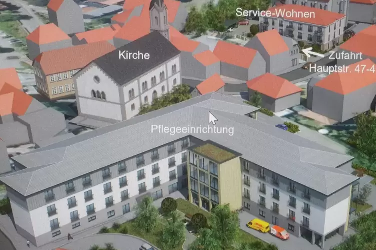 So wird es in der Hauptstraße in Waldfischbach-Burgalben aussehen, wenn die beiden Seniorenwohnprojekte gebaut sind. Im Vordergr