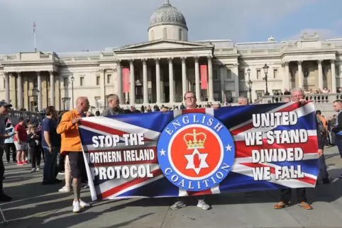 Demonstranten, die 2021 in London gegen das Nordirland-Protokoll auf die Straße gingen. Das Protokoll, Bestandteil des Brexit-Ab