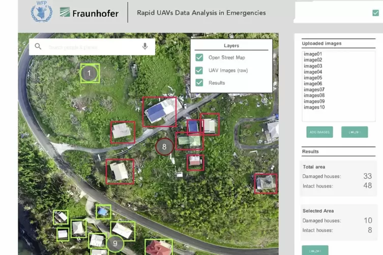 Screenshot eines Prototypen der Bilderkennungs-Software des Fraunhofer ITWM, die bei Katastrophen zur besseren Planung der Hilfe