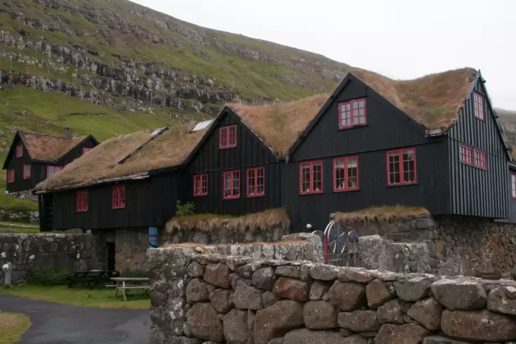 Dicht bewachsene Dächer wie hier auf einem 900 Jahre alten Bauernhof auf den Färöern im Nordatlantik ...