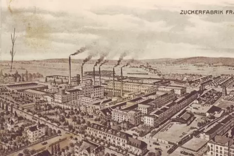 Da waren es noch sechs Schornsteine. Der siebte Schlot der Zuckerfabrik kam erst 1918 dazu.