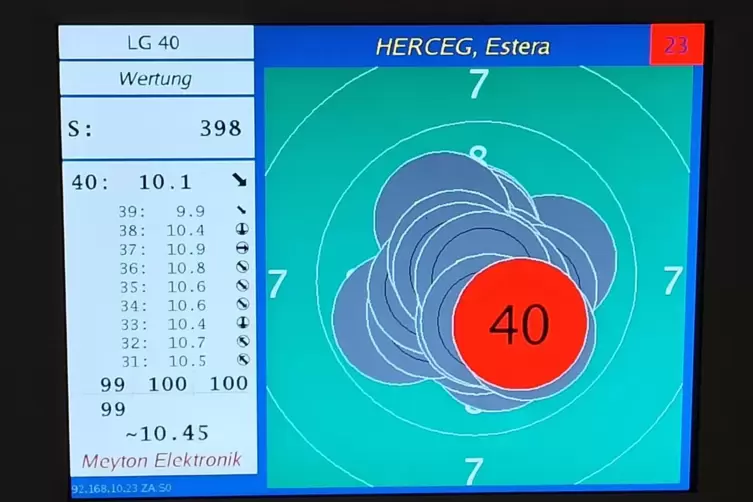 Estera Hercegs Trefferbild. Ihr 37. Schuss, 10,9, traf genau das 0,5 Millimeter kleine Zentrum. Im Schnitt schoss sie aus zehn M