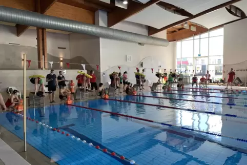 Start der Disziplin 100 Meter Lifesaver der Damen bei den Bezirksmeisterschaften im Pirmasenser Plub. 