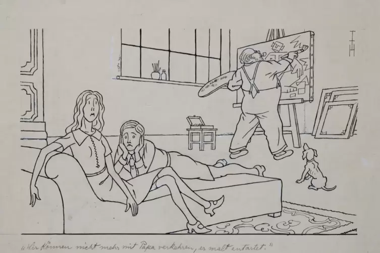 Thomas Theodor Heine: „Wir können nicht mehr mit Papa verkehren, er malt entartet“, 1937, Tuschfeder auf Papier.
