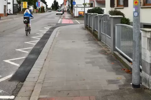 Teils schlecht erkennbar: Radweg neben der Speyerer Straße in Dudenhofen.