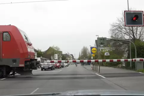 Auf dem Gleis bei Oppau fahren Güterzüge zur BASF.