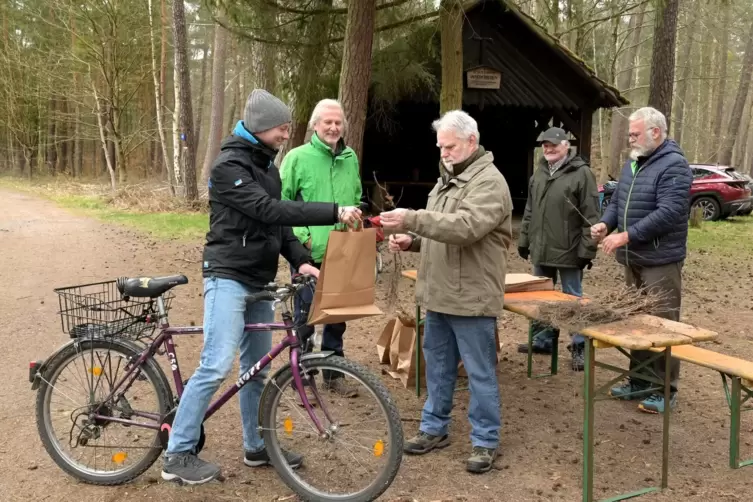 Jede Pflanze hilft: Der Waldbauverein Ganerb verteilte vor der Schutzhütte am Radweg zwischen Neustadt und Speyer junge Rotbuche