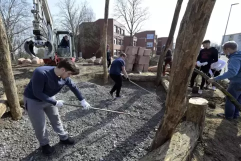 Stein und Holz: Der IGS-Schulgarten wird naturnah gestaltet.