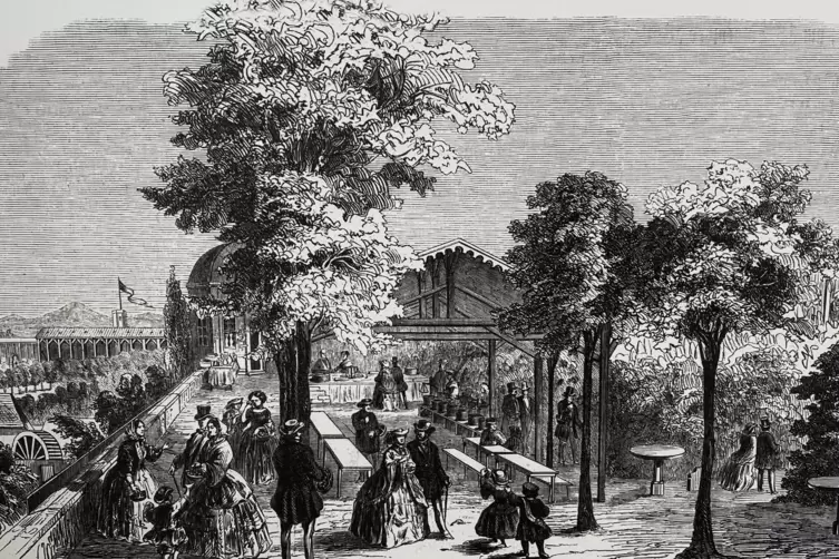 In Bad D&uuml;rkheim unterzog sich Virchow zwischen 1861 und 1894 regelm&auml;&szlig;ig der Traubenkur. Der Stich zeigt den Traubenmarkt im ober