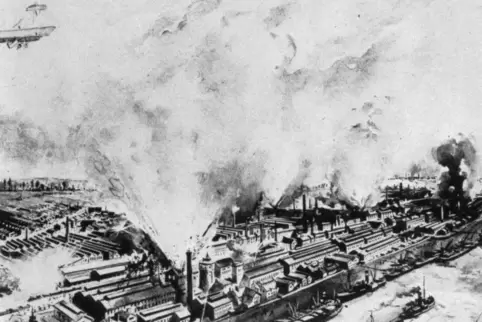 Eine Zeichnung zeigt einen Luftangriff auf das BASF-Werk im Ersten Weltkrieg.