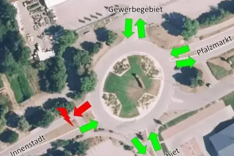 Das Foto des Landesbetrieb s zeigt den betroffenen Kreisel mit der gesperrten Zufahrt Richtung Dorfmitte,