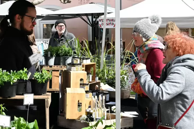 Besucher informieren sich &uuml;ber das Angebot auf dem Marktplatz.