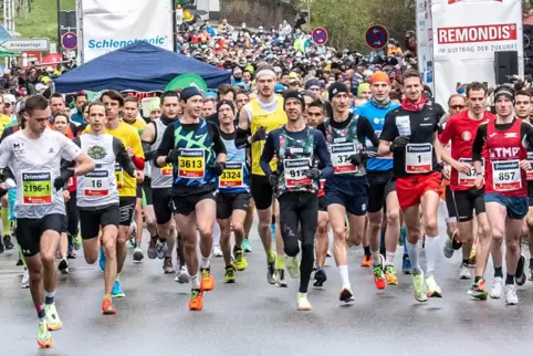 Die Läufer beim Weinstraßen-Marathon gingen im Massenstart auf die Strecke.