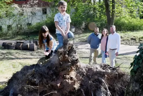 Karl und Armin Barwich (hinten) mit Schwägerin Maria und den Kindern Frederik und Caroline im Park an einer der umgestürzten Eic