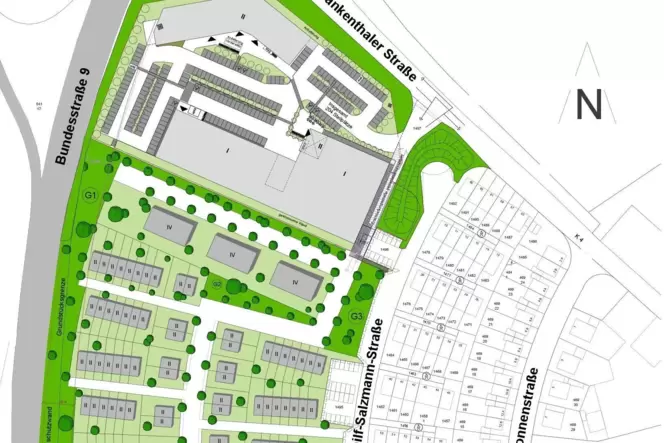 Ein Fachmarktzentrum und Wohnhäuser sollen auf dem sieben Hektar großen Areal an der B9 entstehen.