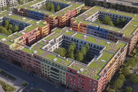 Insgesamt vier Karrees: das Quartier als Computeranimation aus der Vogelperspektive.