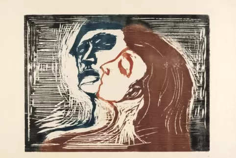 Solch unproblematische Innigkeit sieht man bei Munch eher selten: „Kopf bei Kopf“, Farbholzschnitt, 1905.